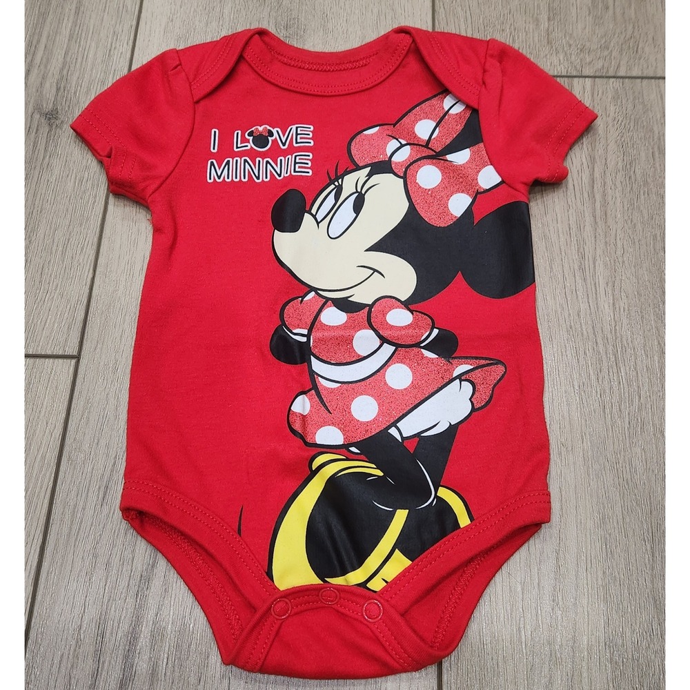 Disney Baby Minnie Mouse Red Glitter Graphic Bodysuit 6-9 Months Short Sleeve